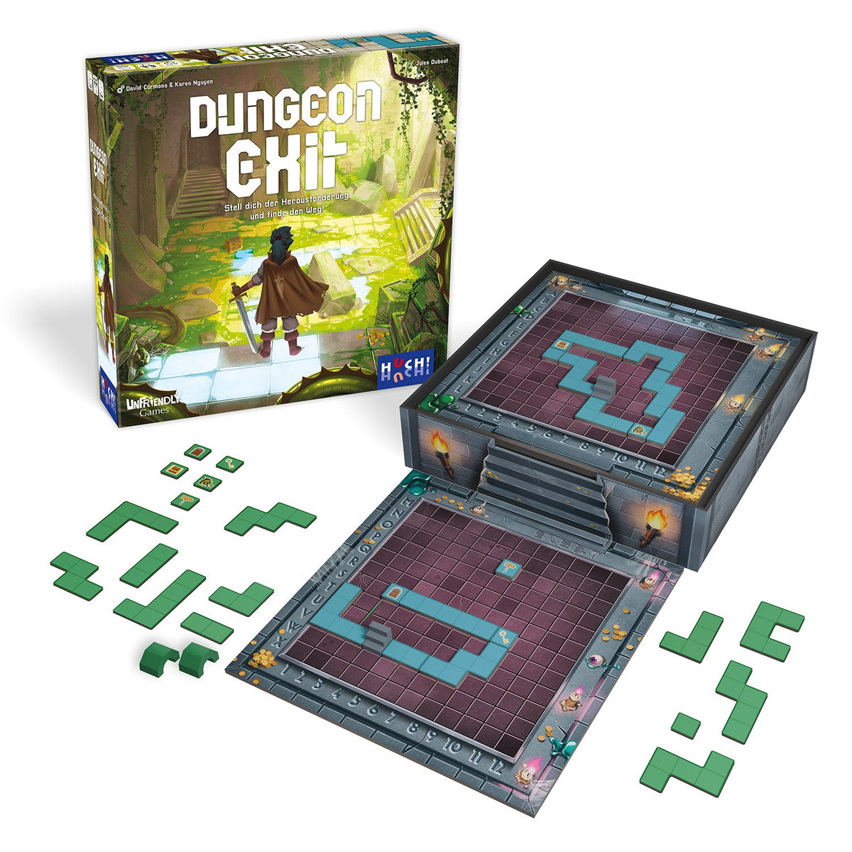 Dungeon Exit Brettspiel-Set mit 2 Spielfeldern, Box und grünen Magnetplättchen