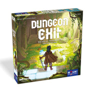Dungeon Exit Brettspielbox mit Abenteuer-Illustration und Spielfigur