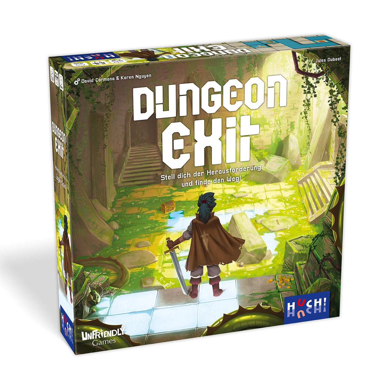 Dungeon Exit Brettspielbox mit Abenteuer-Illustration und Spielfigur