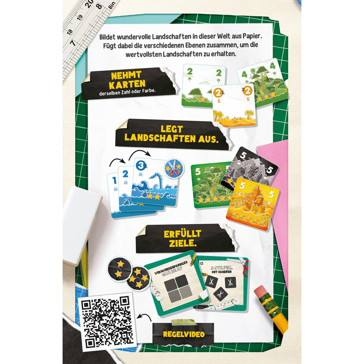Paper World Anleitungskarte mit Spielablauf und Landschaften aus Karten