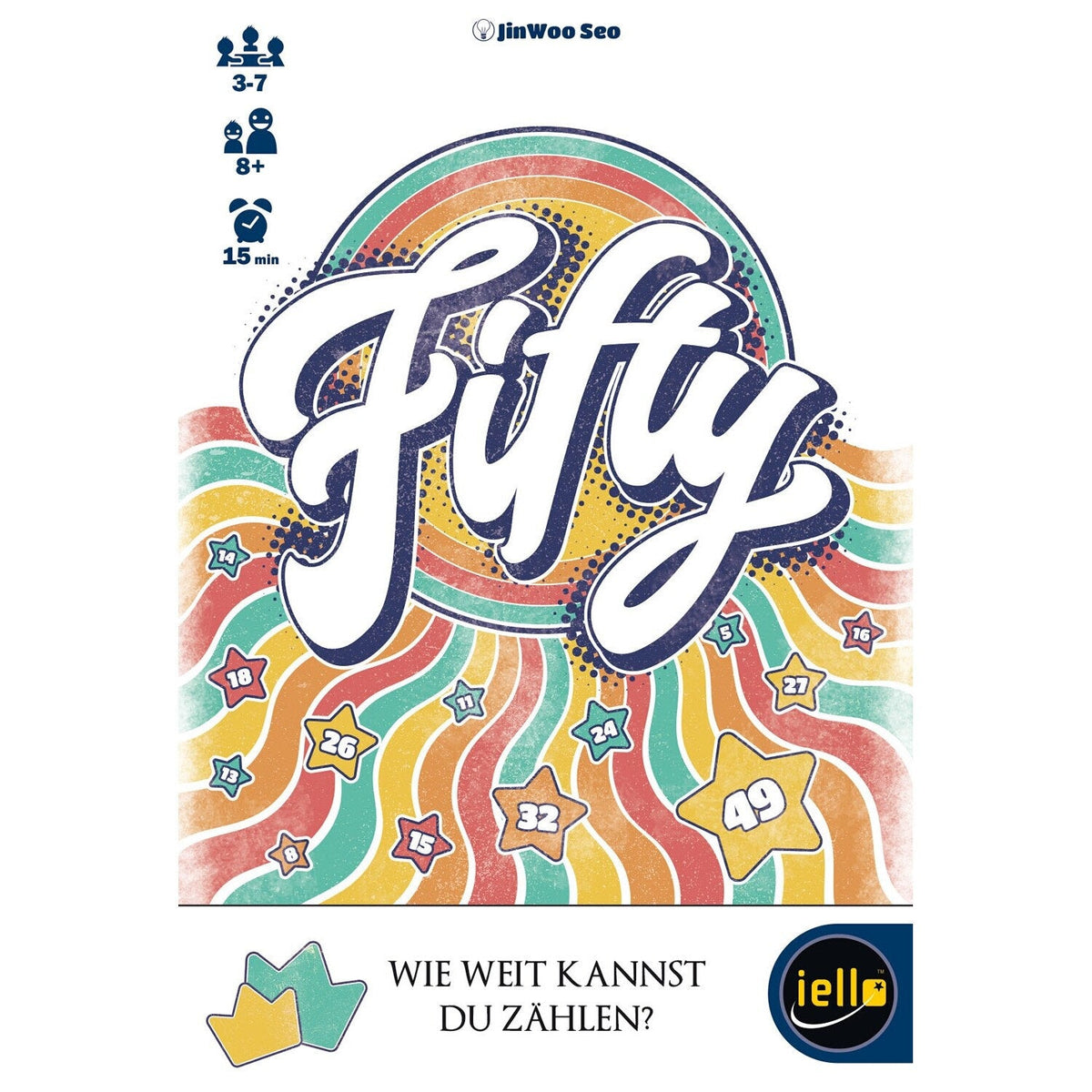 Fifty Brettspielbox mit Regenbogen-Design und großer Schrift „Fifty“.