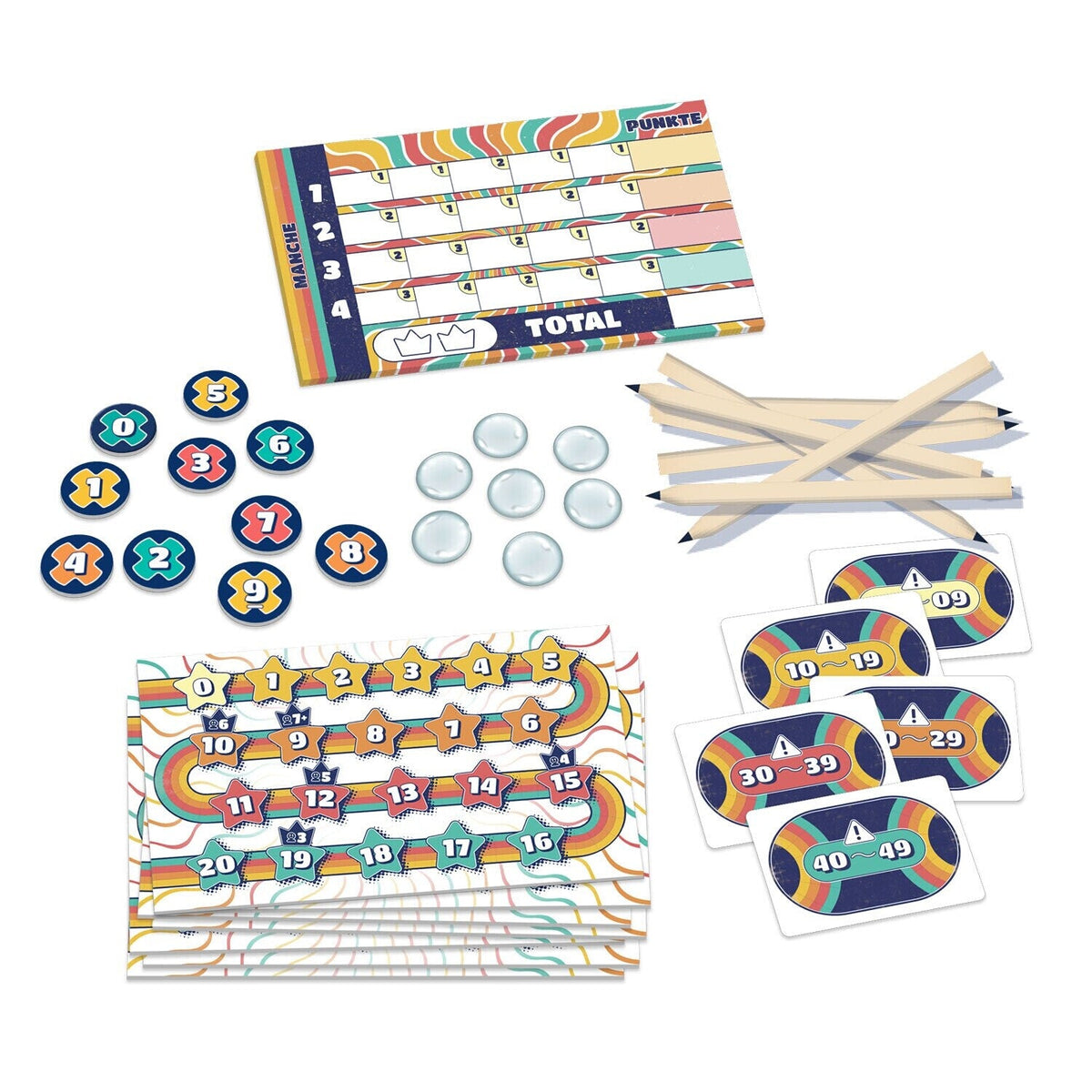 Fifty Brettspiel-Set mit Spielplan, Karten, Zählsteinen und Holzstäbchen.