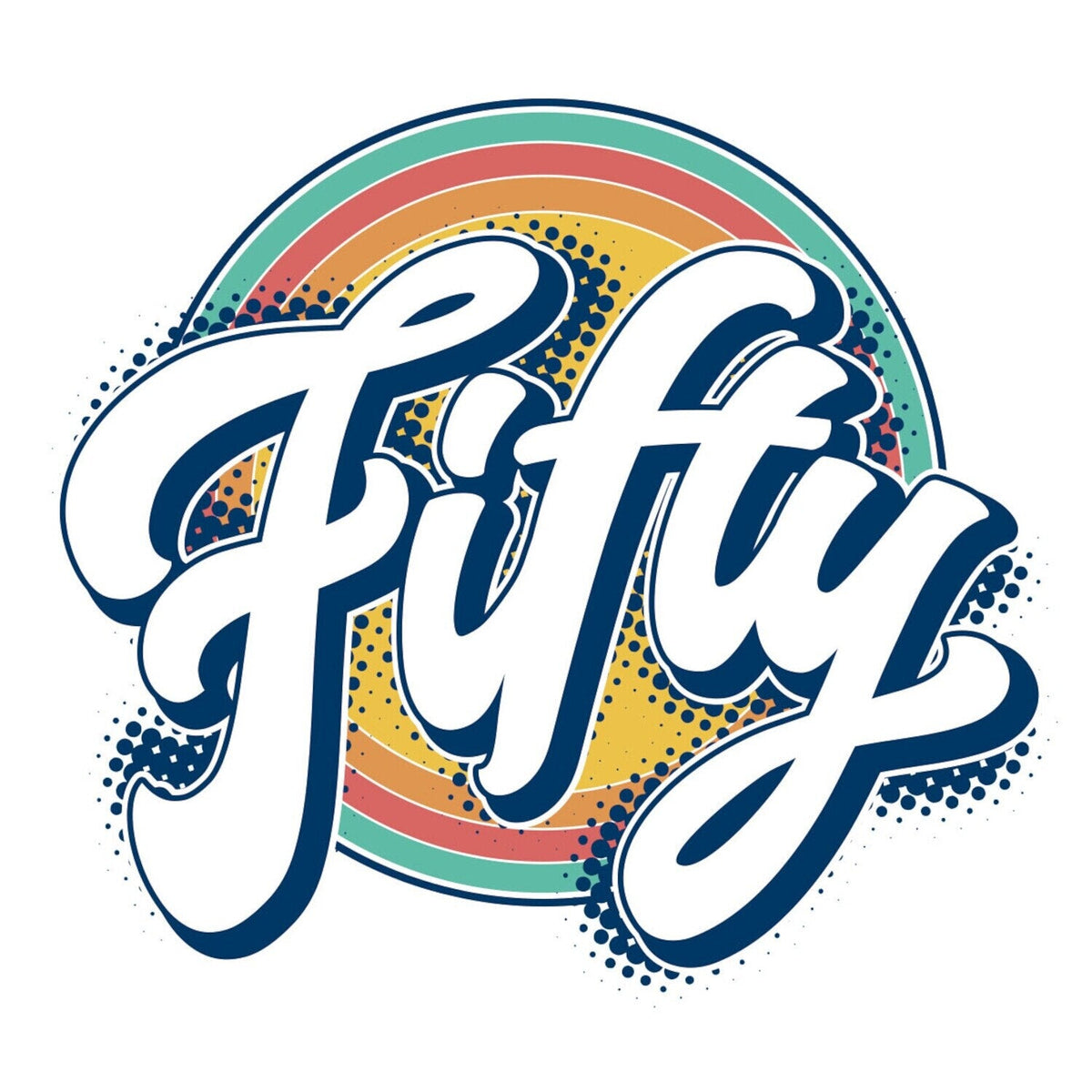 Fifty Brettspielbox-Front mit „Fifty“-Schriftzug im Regenbogenkreis.