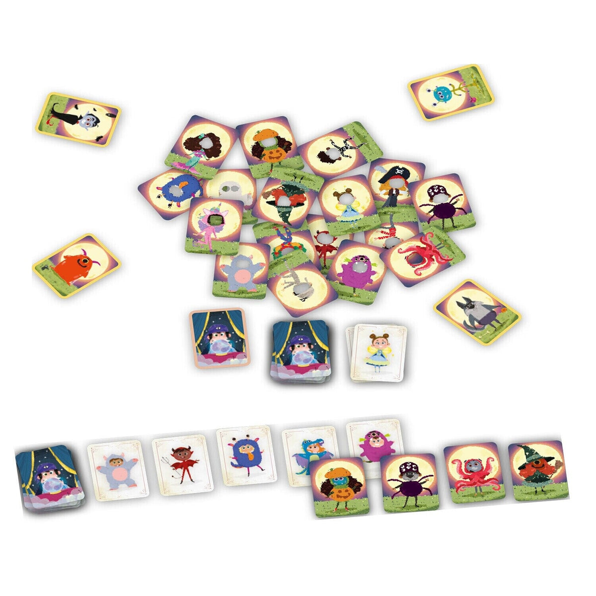 Karten-Set des Buh-Party-Spiels mit quadratischen Monster-Illustrationen in bunten Motiven