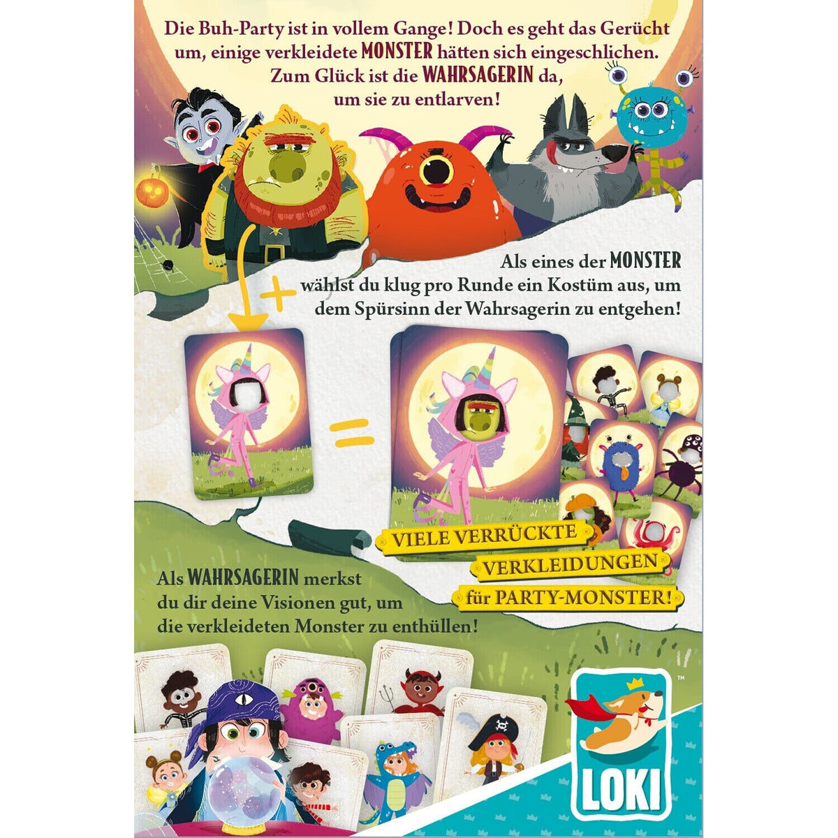 Spielanleitung mit Monster-Illustrationen, verdeckten Kostümkarten und Text zum Spielablauf