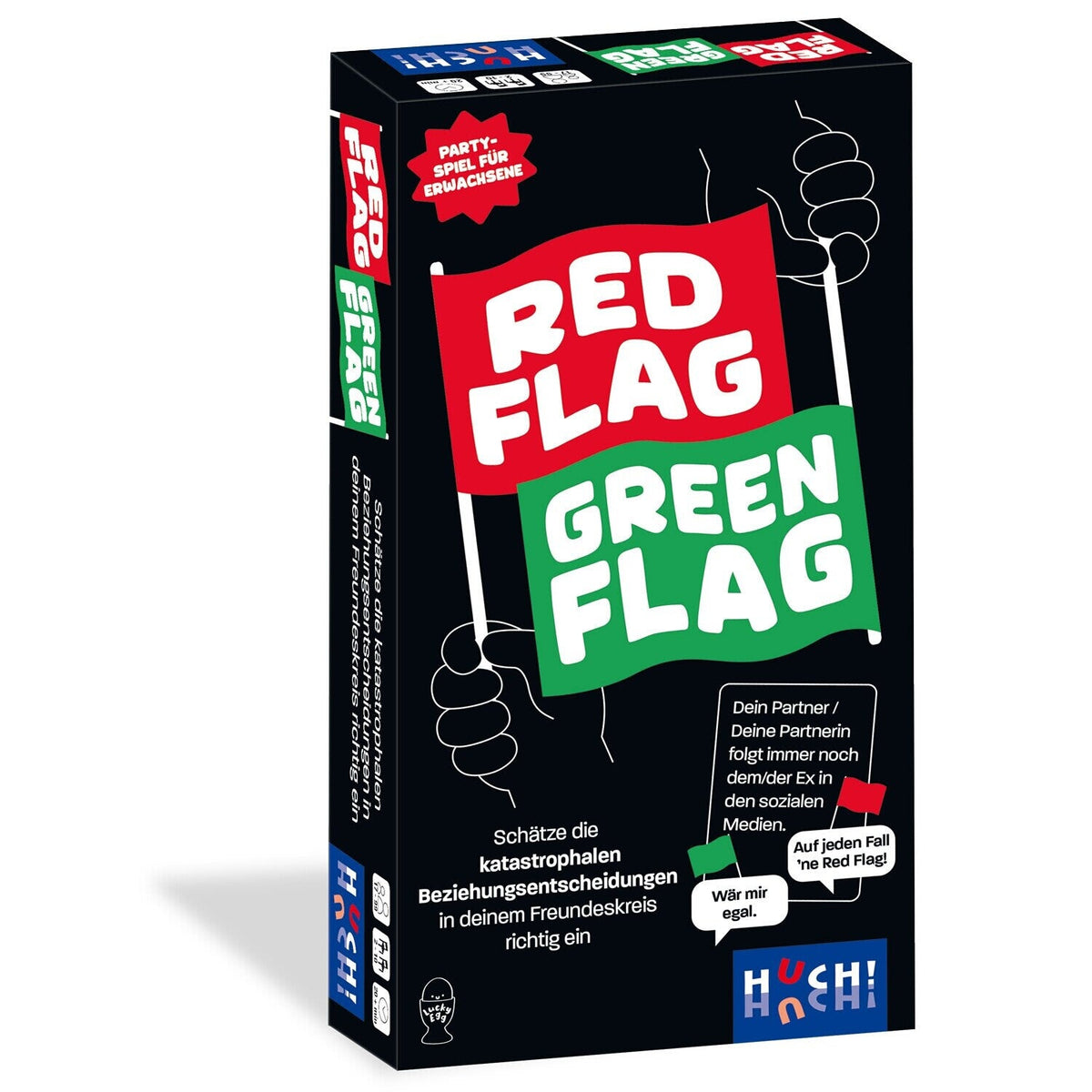 Gesellschaftsspiel-Box mit „Red Flag“ und „Green Flag“ Aufdruck