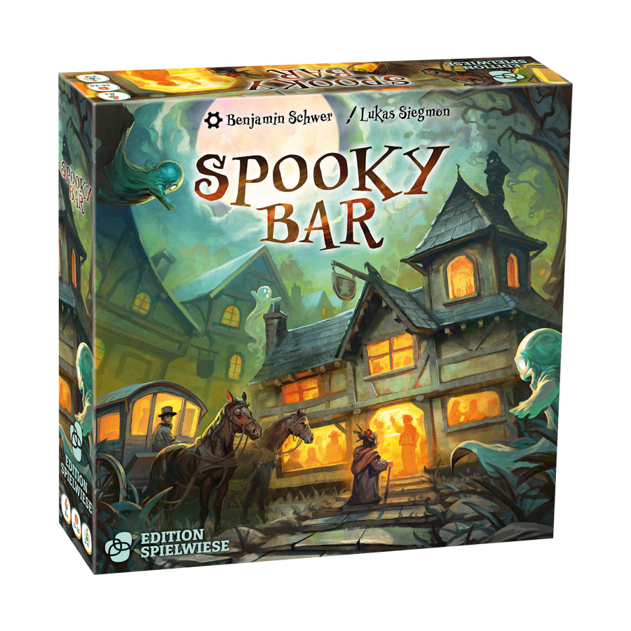 Brettspiel-Box im Vorderblick mit „Spooky Bar“ und nächtlichem Dorfpanorama
