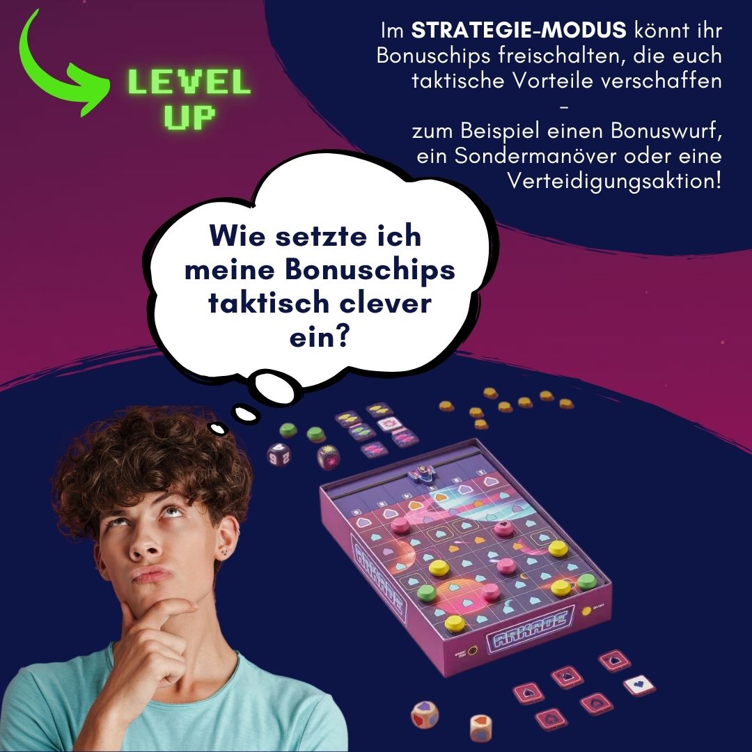 Weltraum-Brettspiel-Box mit Spielchips und Sprechblase, plus Figur im Vordergrund