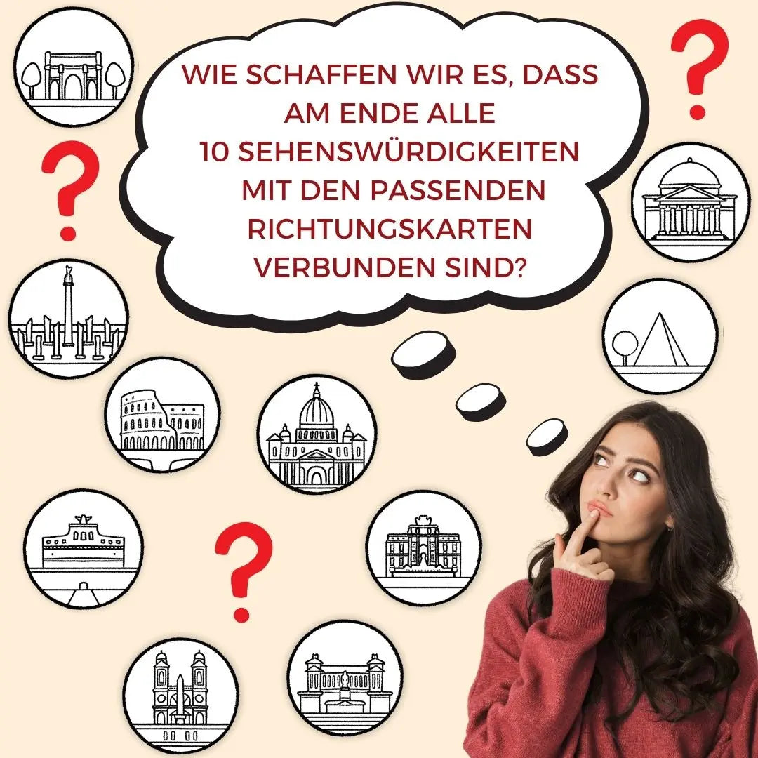 City-Flip-Spiel Rom: Frage-Layout mit runden Icons und römischen Motivkarten