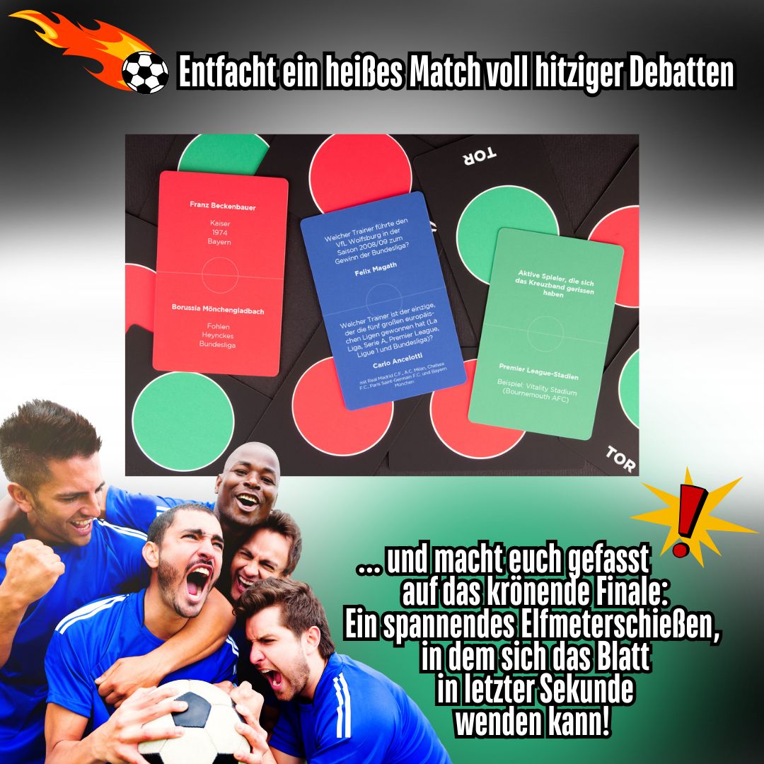 Fußball-Kartenspiel: mehrere Karten in Rot, Blau und Grün mit Text und Symbolen, mit Ankündigung