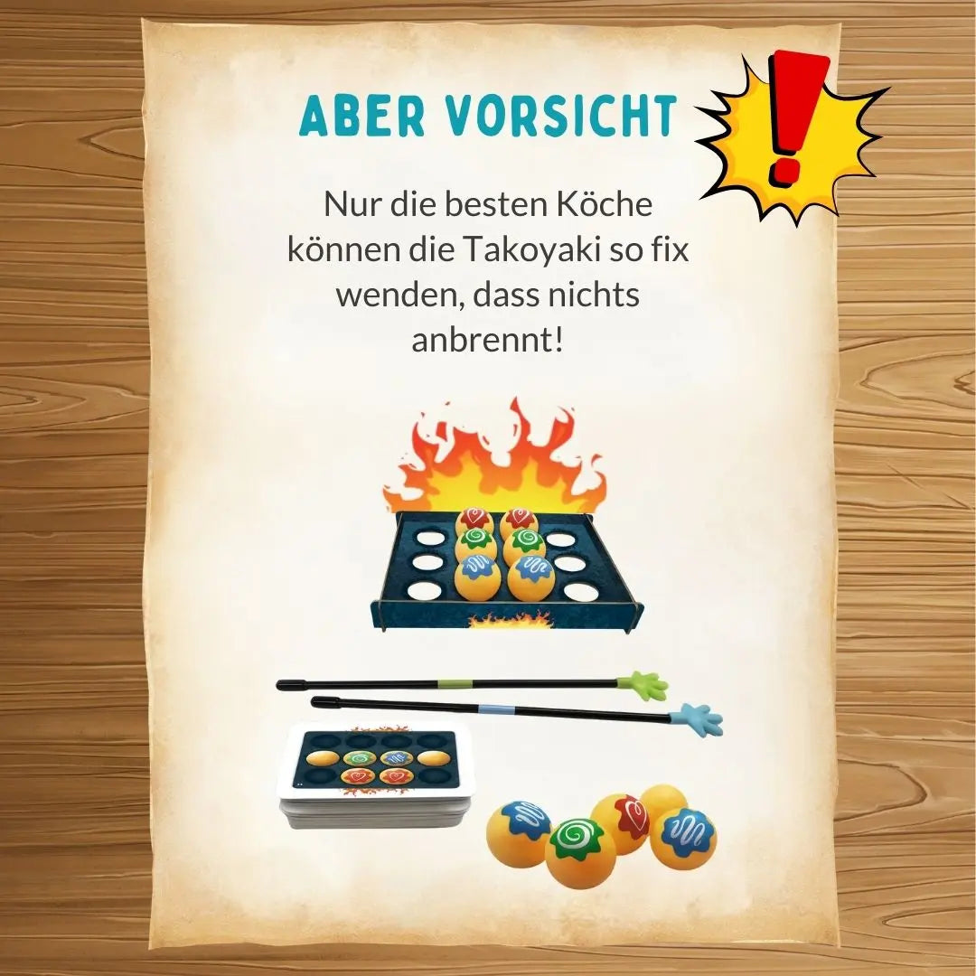 Anleitungshinweis „Aber vorsicht“ mit Grillplatte, Stäbchen und bunten Takoyaki-Bällchen