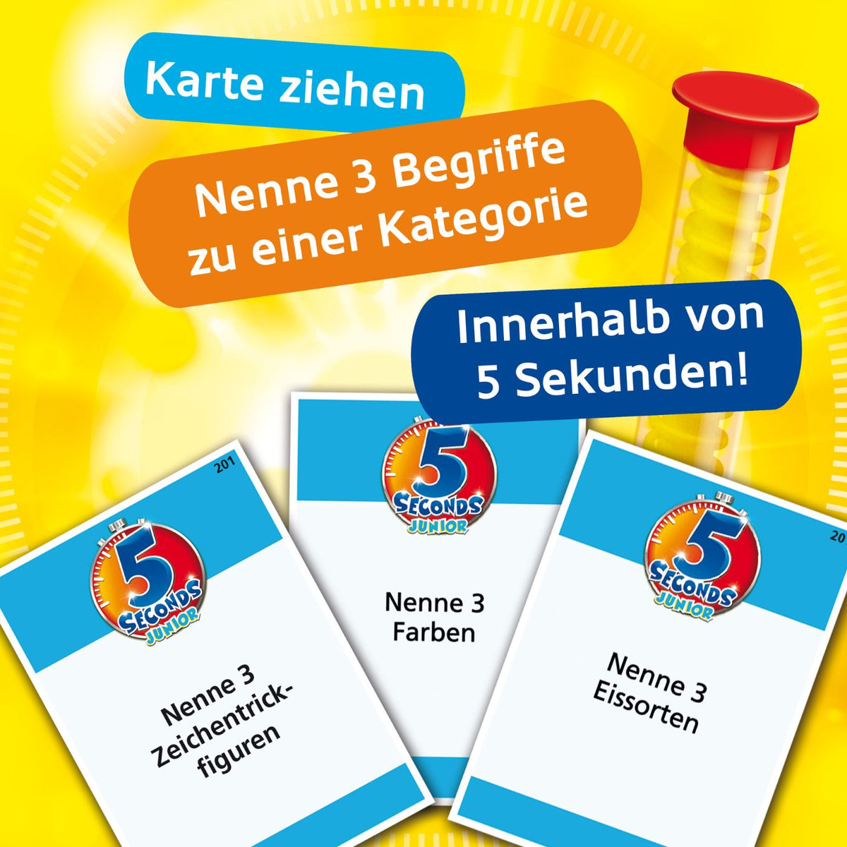 5-Sekunden-Junior Spielkarten mit Kartenmotiven „Karte ziehen“ und Aufgaben