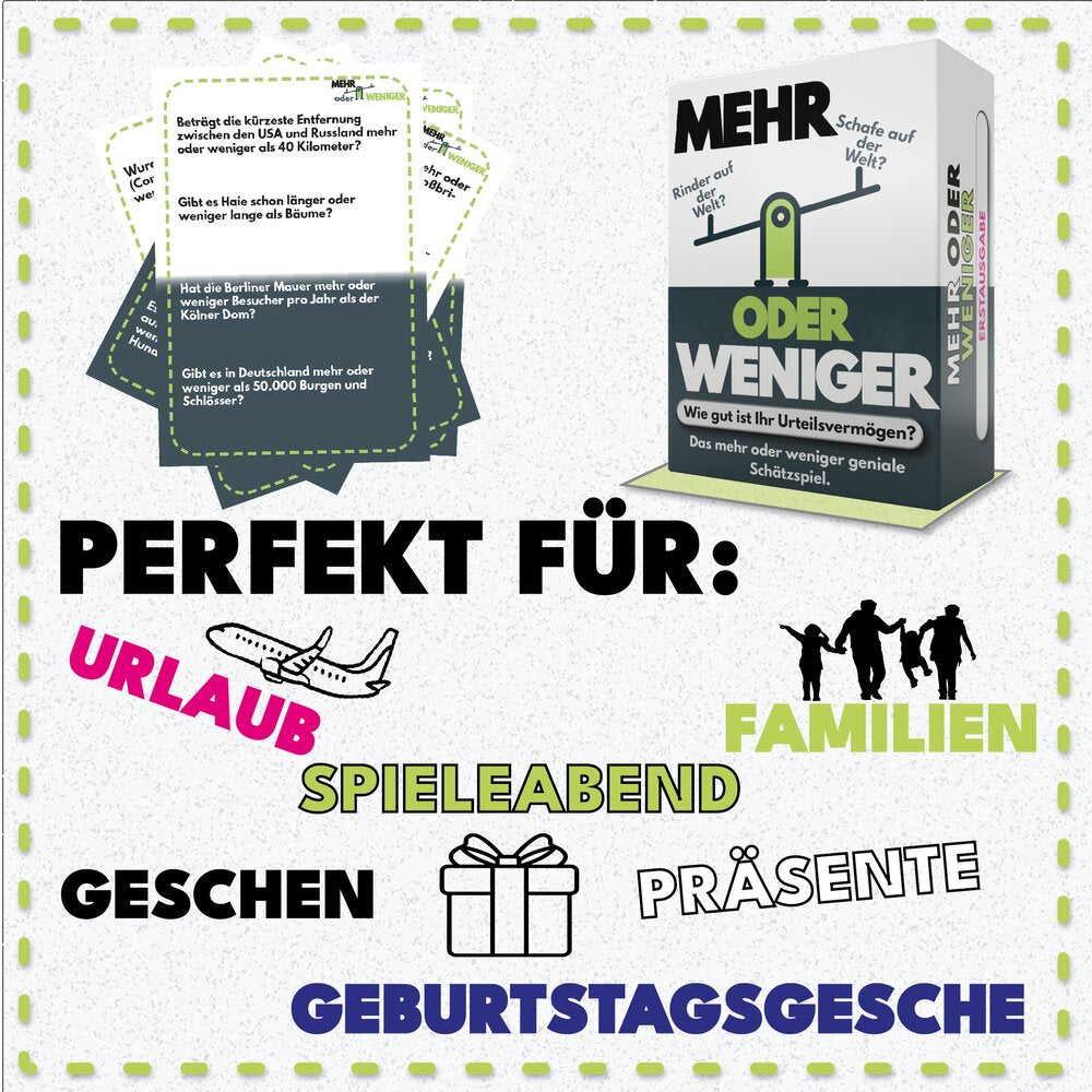 Brettspiel-Quizbox „Mehr oder weniger“ mit Text „Perfekt für: Urlaub, Familie“