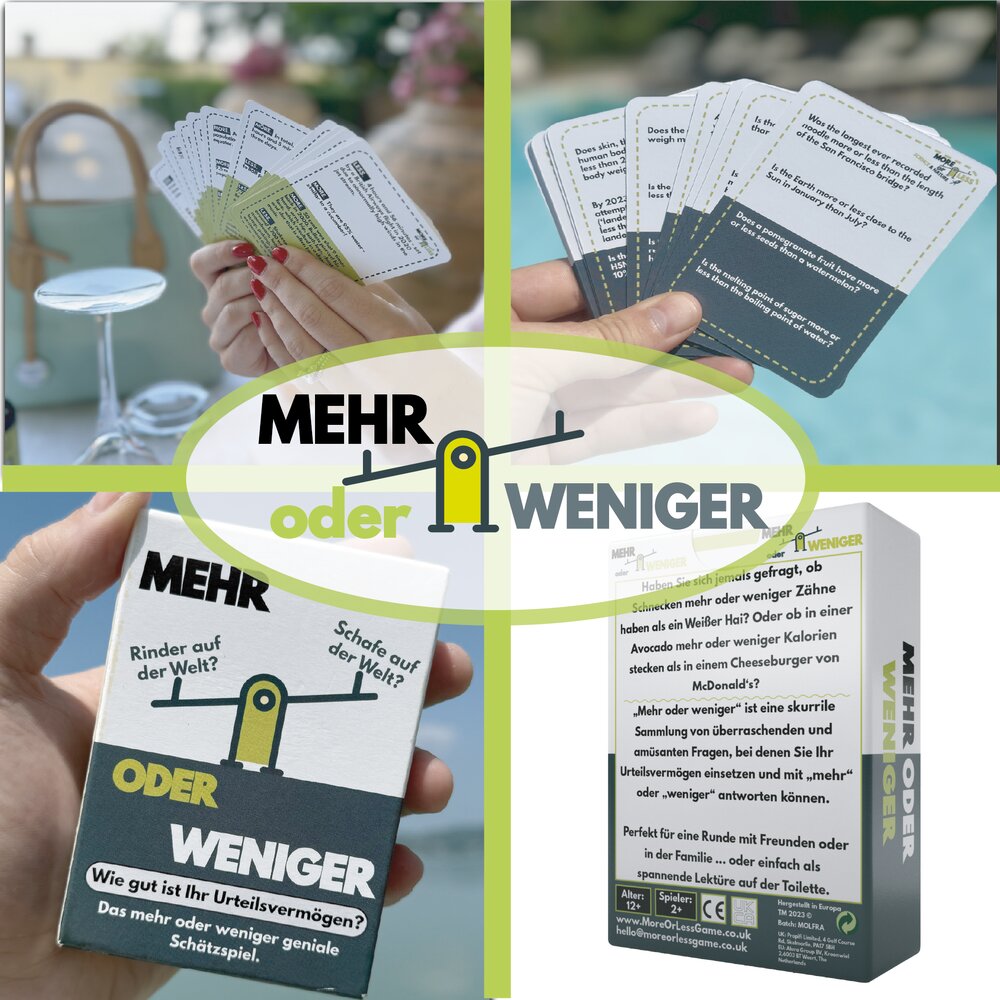 Brettspiel-Quizbox „Mehr oder weniger“ mit Spielkarten im Vordergrund