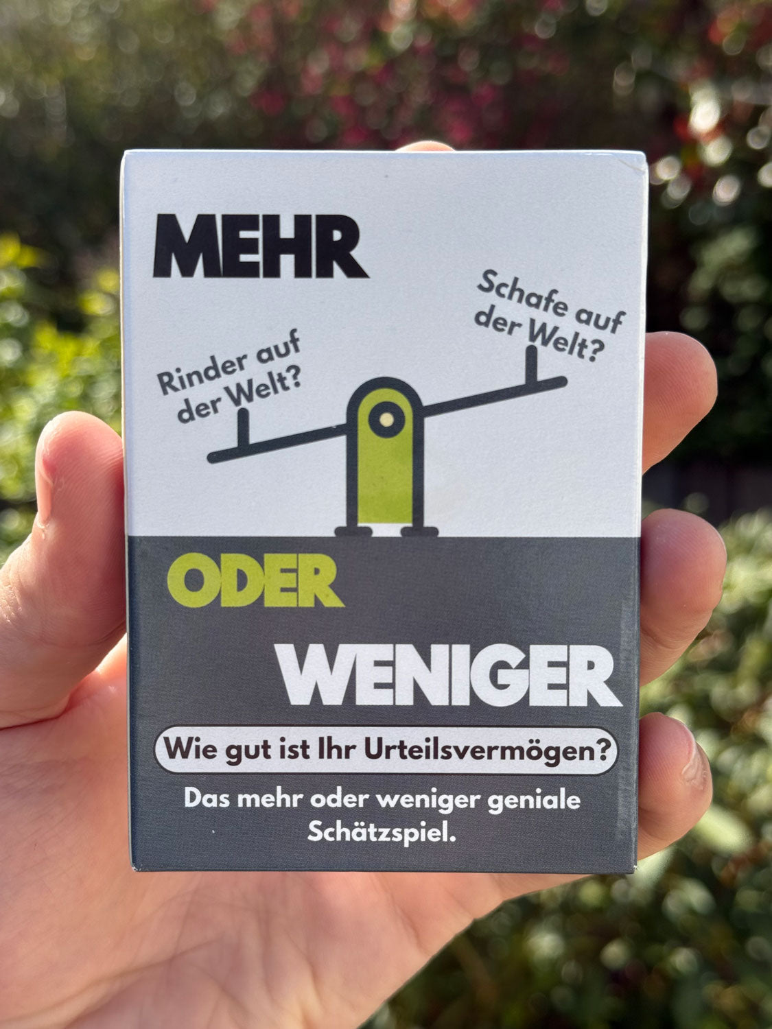 Brettspiel-Quizbox „Mehr oder weniger“ in einer Hand, mit Frontaufdruck