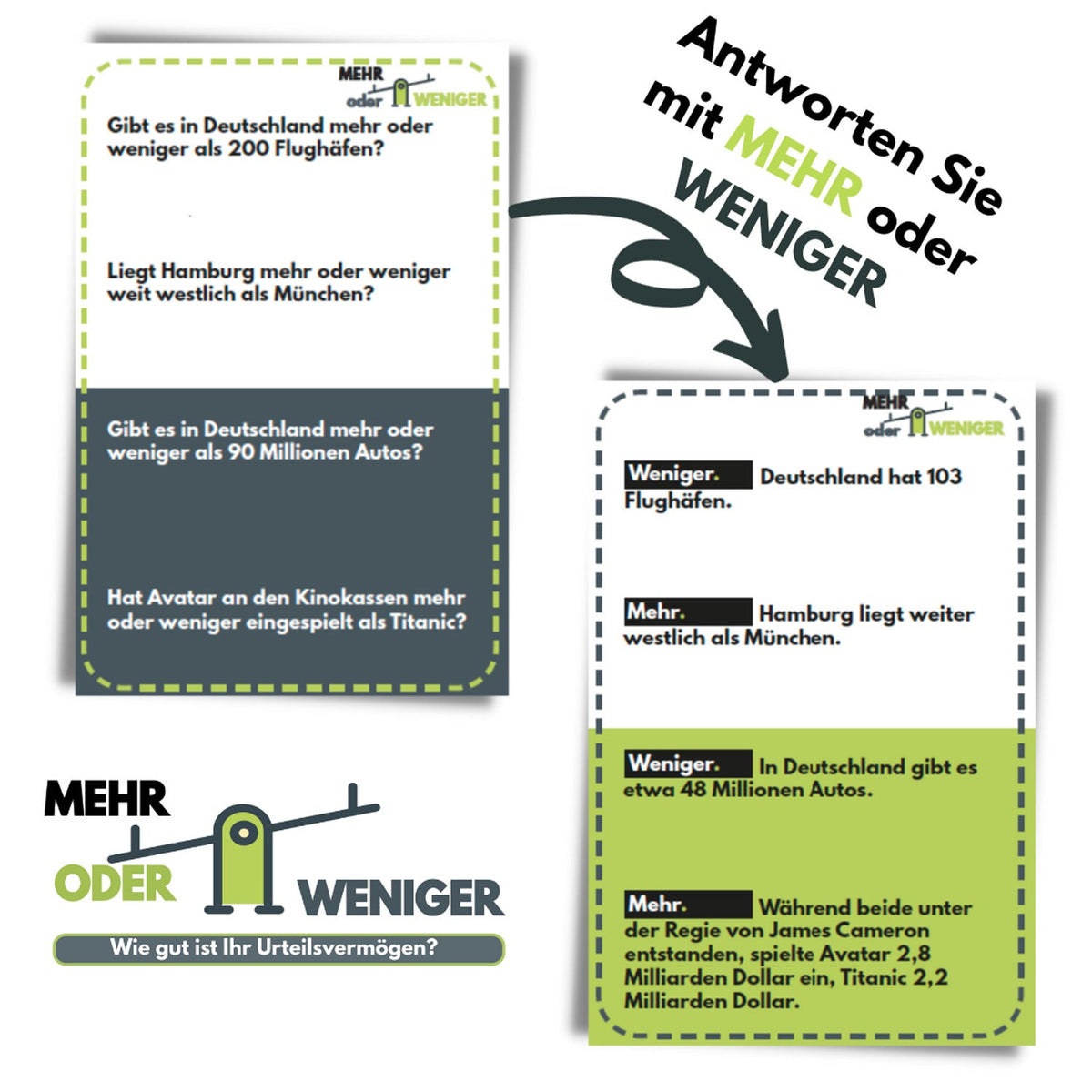 Brettspiel-Quizbox „Mehr oder weniger“ mit Rückseite voller Spielhinweise