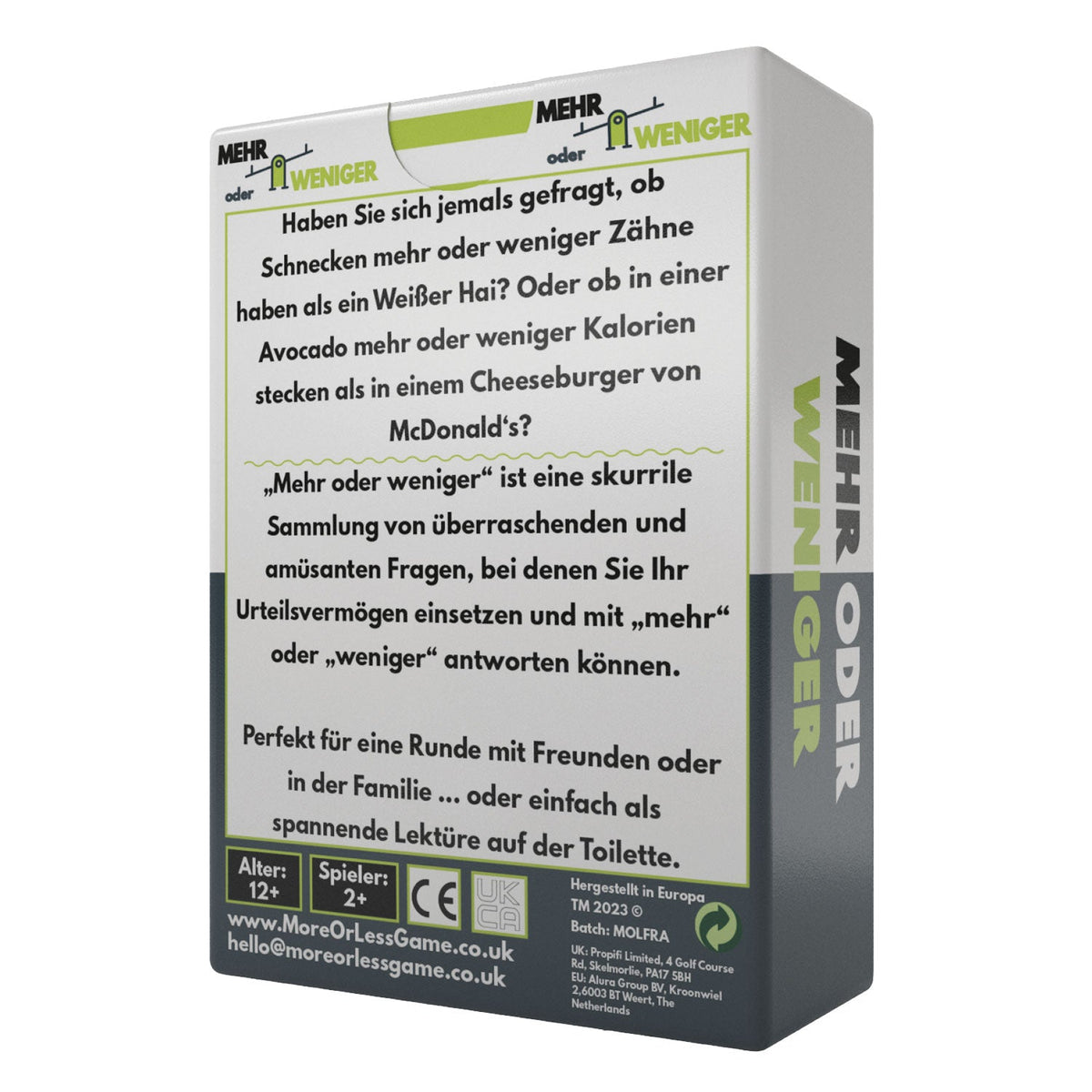 Brettspiel-Quizbox „Mehr oder weniger“ Seiten-/Rückansicht mit Frage-Text