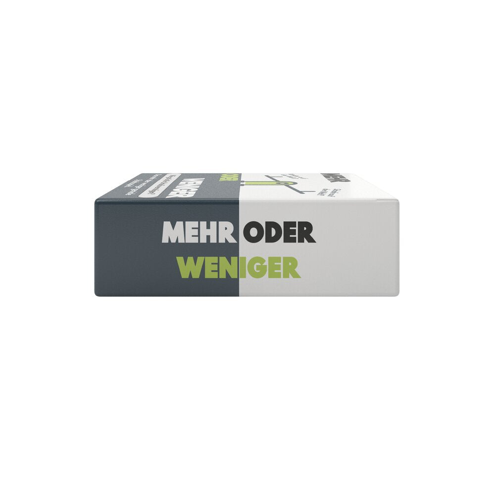 Brettspiel-Quizbox „Mehr oder weniger“ von oben mit „Mehr oder weniger“-Logo