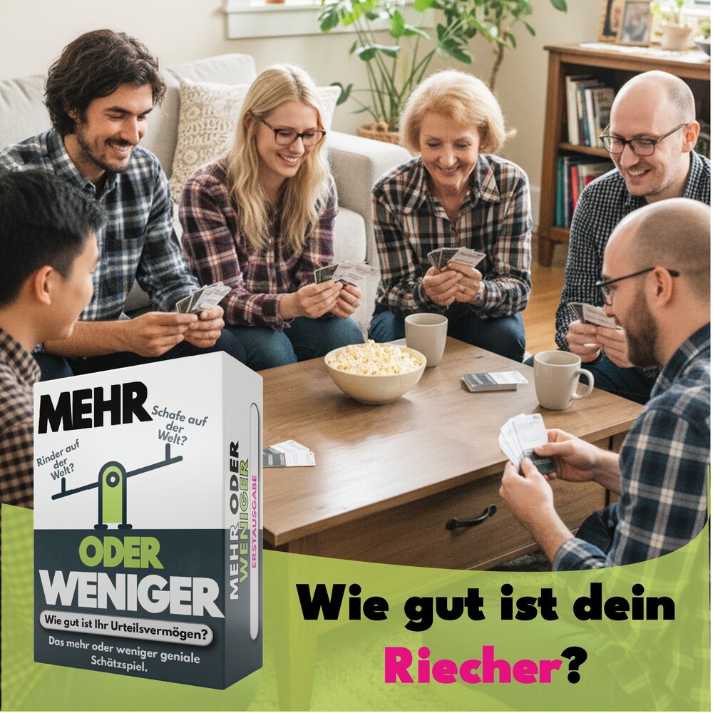 Brettspiel-Quizbox „Mehr oder weniger“ im Vordergrund, während eine Gruppe spielt