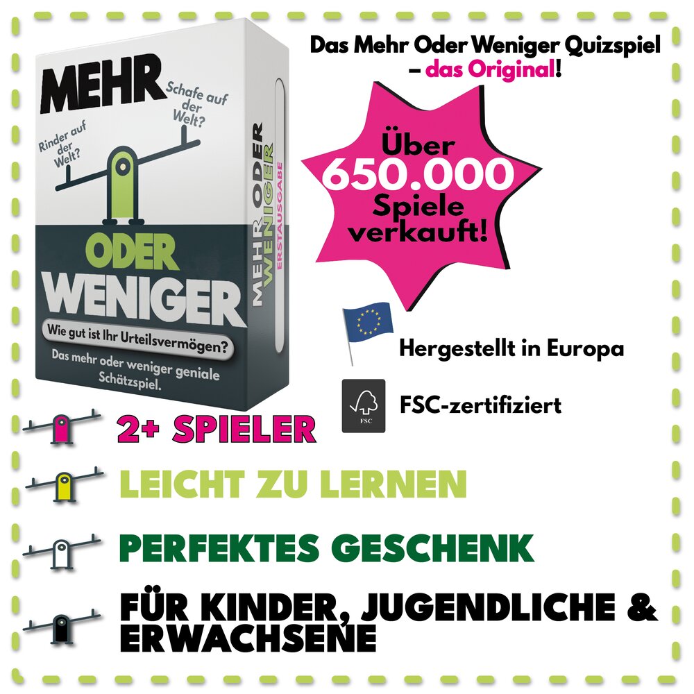 Brettspiel-Quizbox „Mehr oder weniger“ mit Badge „Über 650.000 Spiele verkauft“