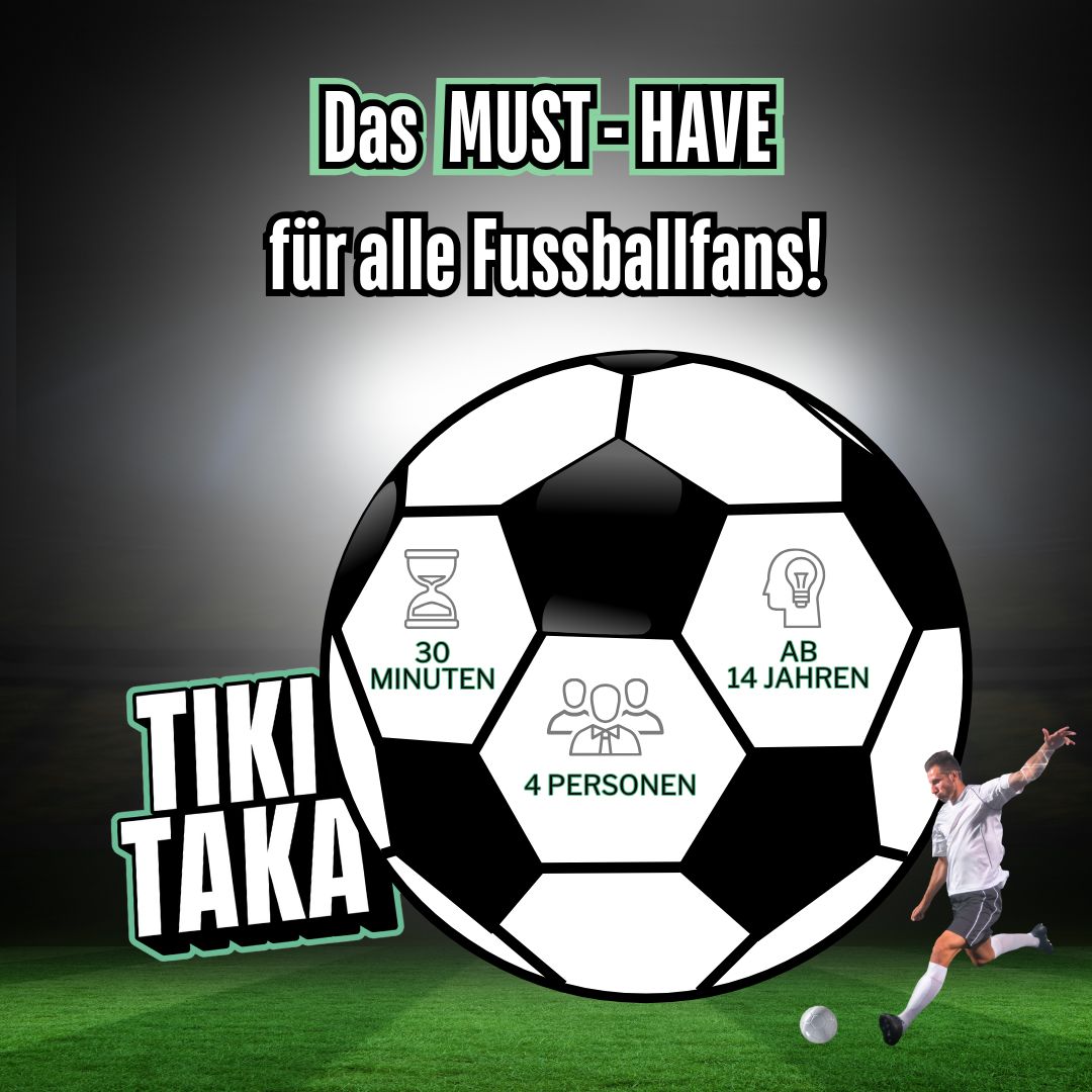 Werbe-Poster zum Fußball-Kartenspiel: großer Ball mit Icons und Text „Das MUST-HAVE“