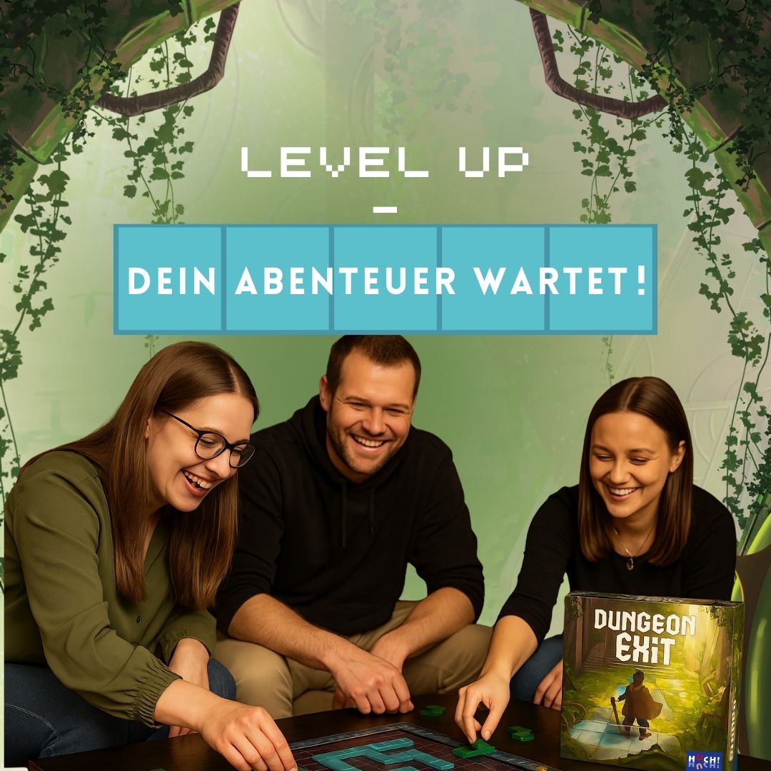 Dungeon Exit Brettspiel beim Spielen, Box und Spielplan auf dem Tisch sichtbar