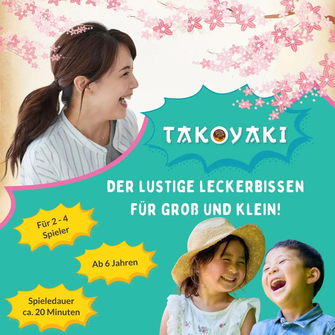 Werbe-Poster für Takoyaki-Spiel mit Kindern und Text „Der lustige Leckerbissen“