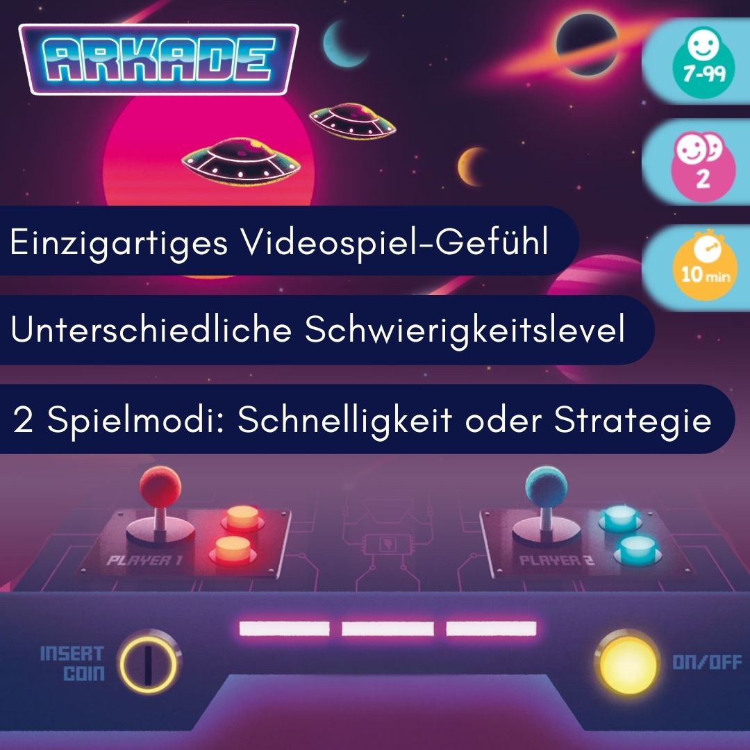 Weltraum-Brettspiel: Spielmodi-Grafik mit Leuchtanzeigen und Bedienelementen