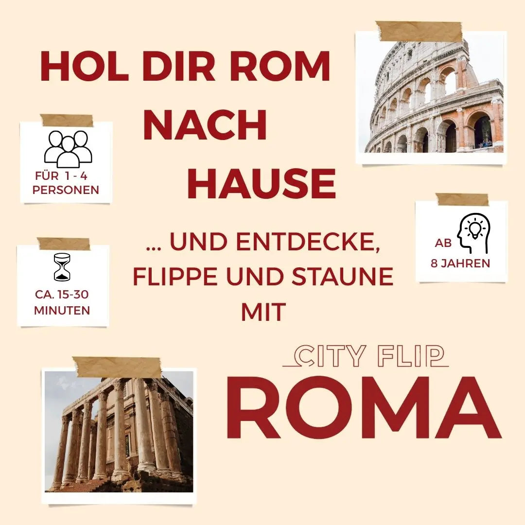 Brettspiel „City Flip: Roma“: Grafik „Hol dir Rom nach Hause“ mit Altershinweis und Fotos