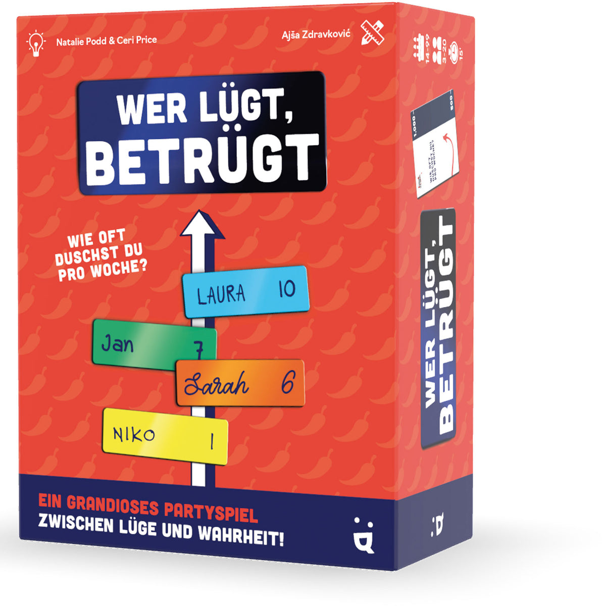 Seitenteil der Brettspielbox „Wer lügt, betügt!“ mit Karten- und Namensangaben