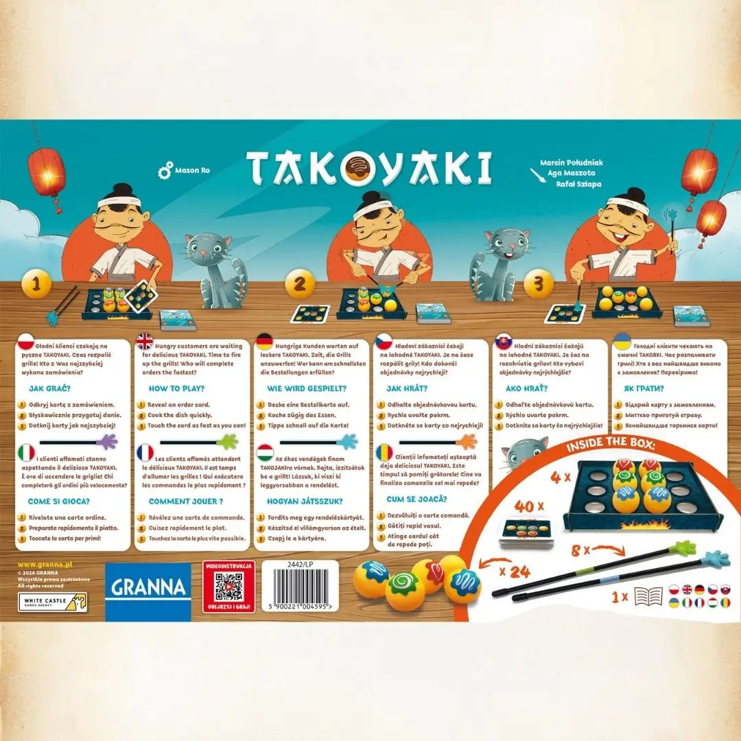 Rückseite der Takoyaki-Spielschachtel mit Anleitung, Inhalt und Schrittgrafiken