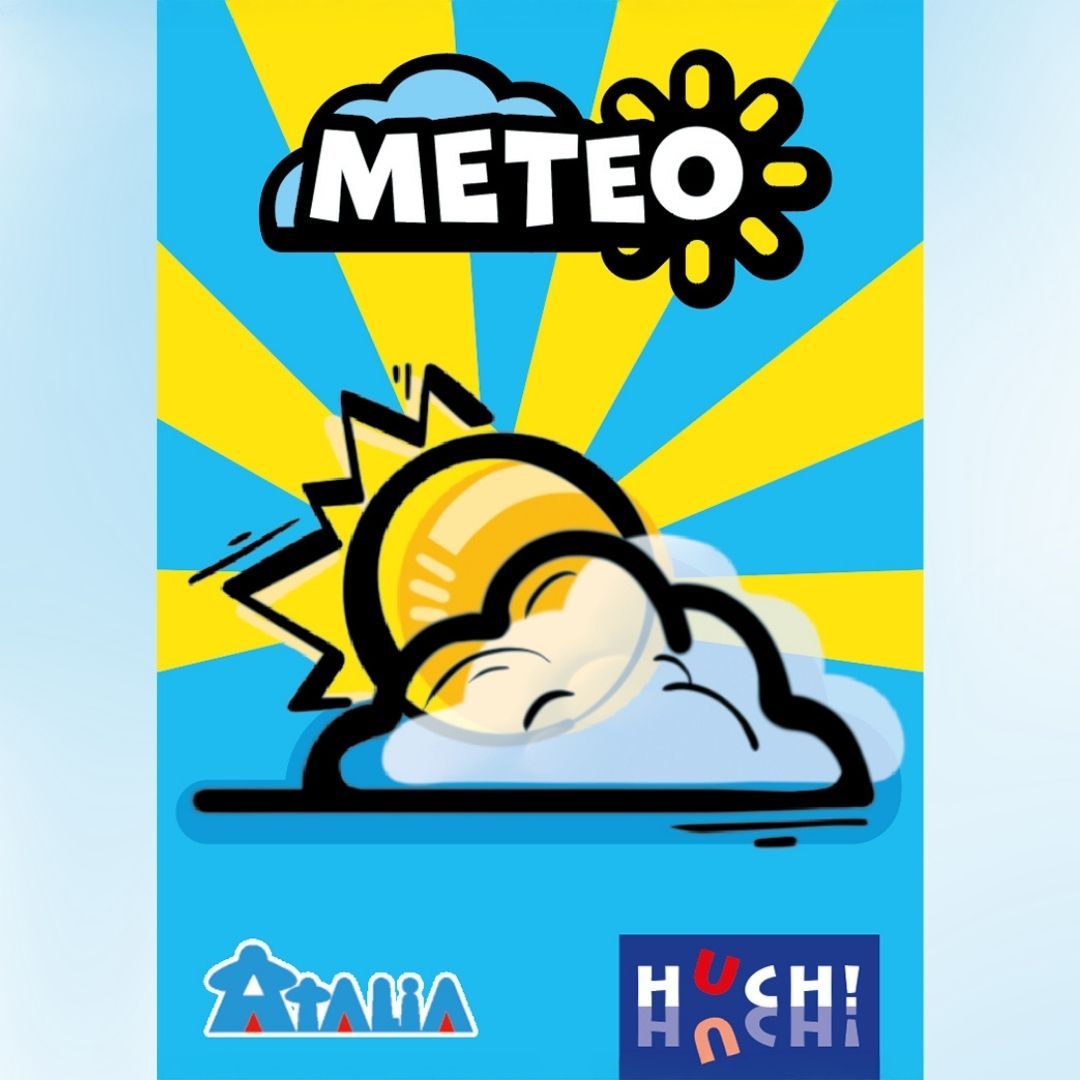 Mini-Card-Game Spielbox Vorderseite mit Sonne, Wolke und Logos „ATAKA“ und „HUCH!“.