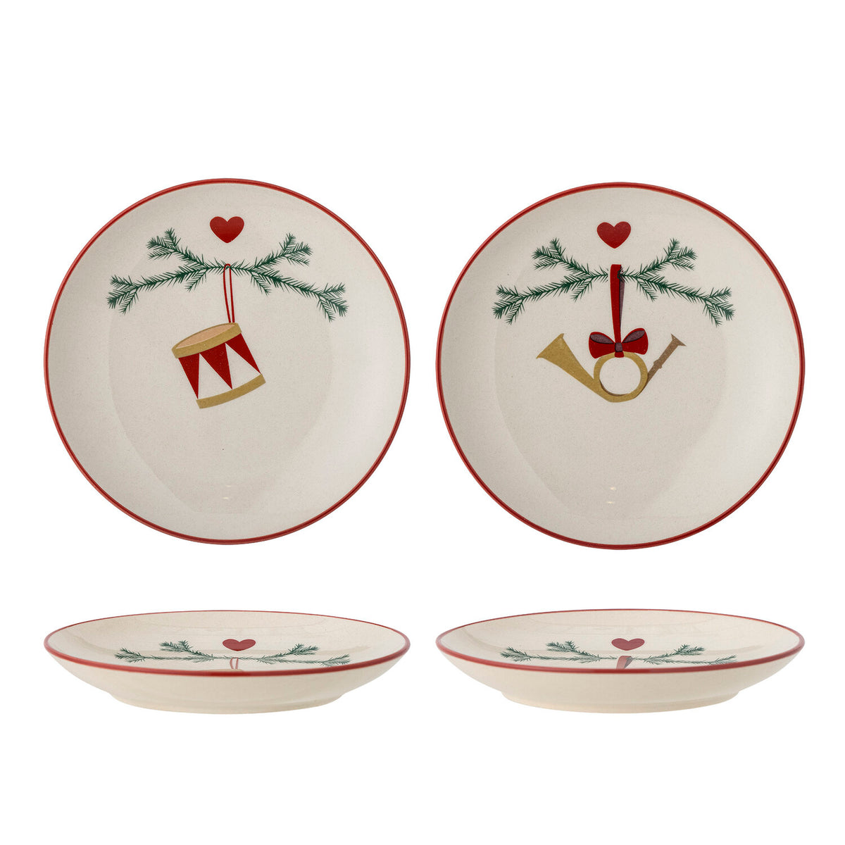 2er-Set Weihnachtsteller, naturfarben mit rotem Rand und Glocken-/Herzornament