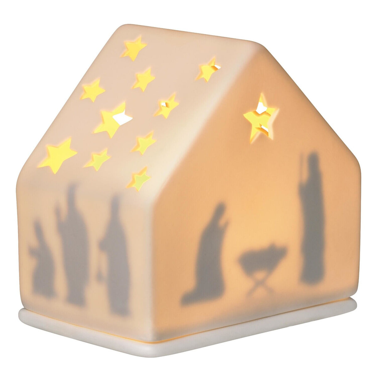 Mini-Krippe Winterzeit, weißes Häuschen mit gelben Sternen und Krippen-Silhouetten