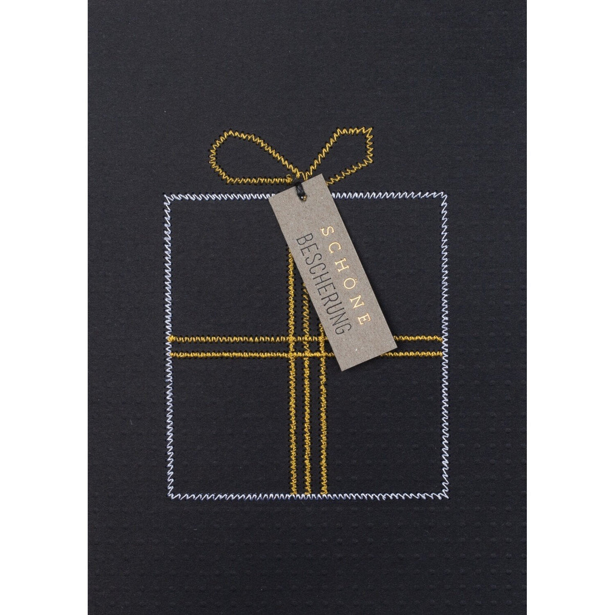 Weihnachtskarte gestickt "Schöne Bescherung" - 11,8x16,6 cm (Schwarz/Weiß/Gold)