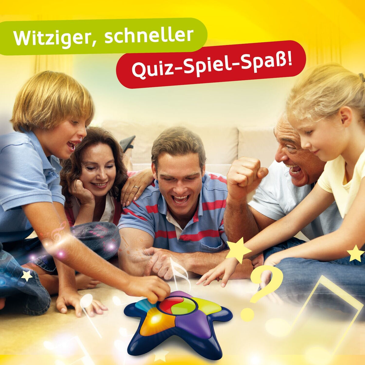 Quiz-Spiel: Familie spielt gemeinsam mit Stern-Controller auf dem Tisch