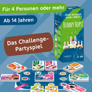 Hase-Partyspiel-Box mit farbigem Bunny-Hops-Design und Hasenfiguren