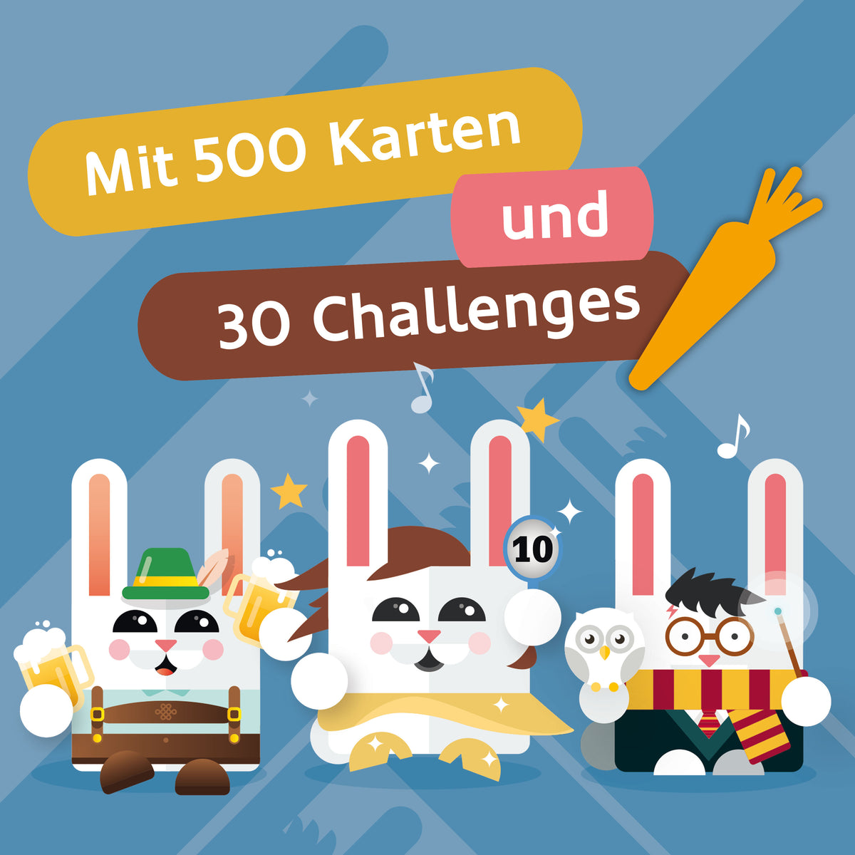 Karten-Set mit Hasenfiguren und Aufdruck „500 Karten“ sowie „30 Challenges“