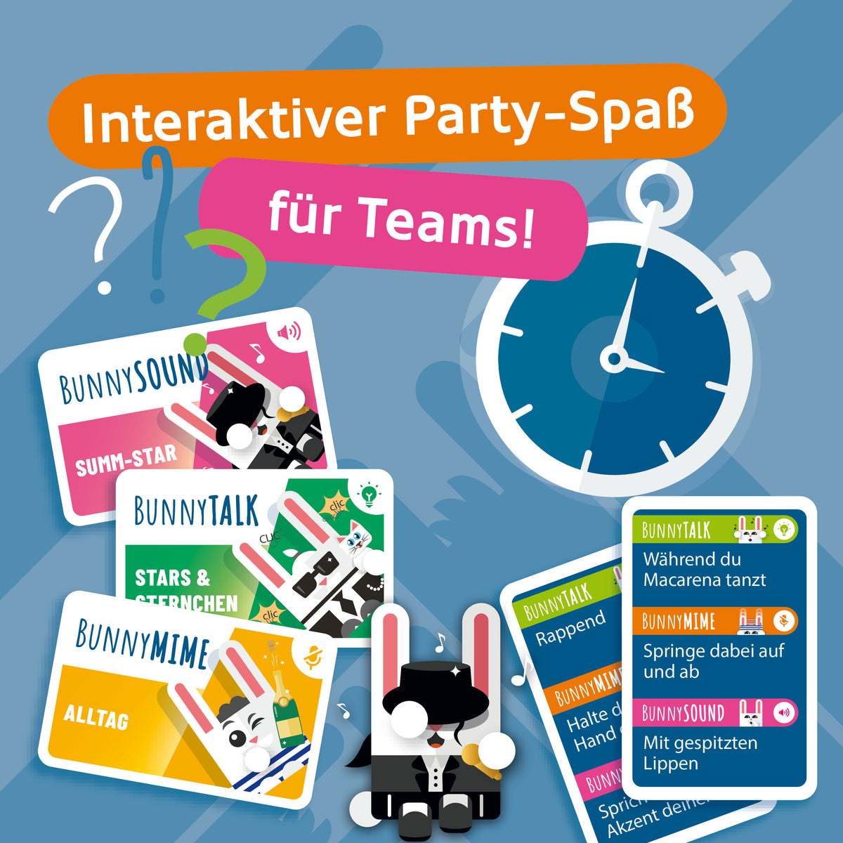 Spiel-Set mit Karten für Teams, Stoppuhr-Icon und Hasenmotiv im Bild