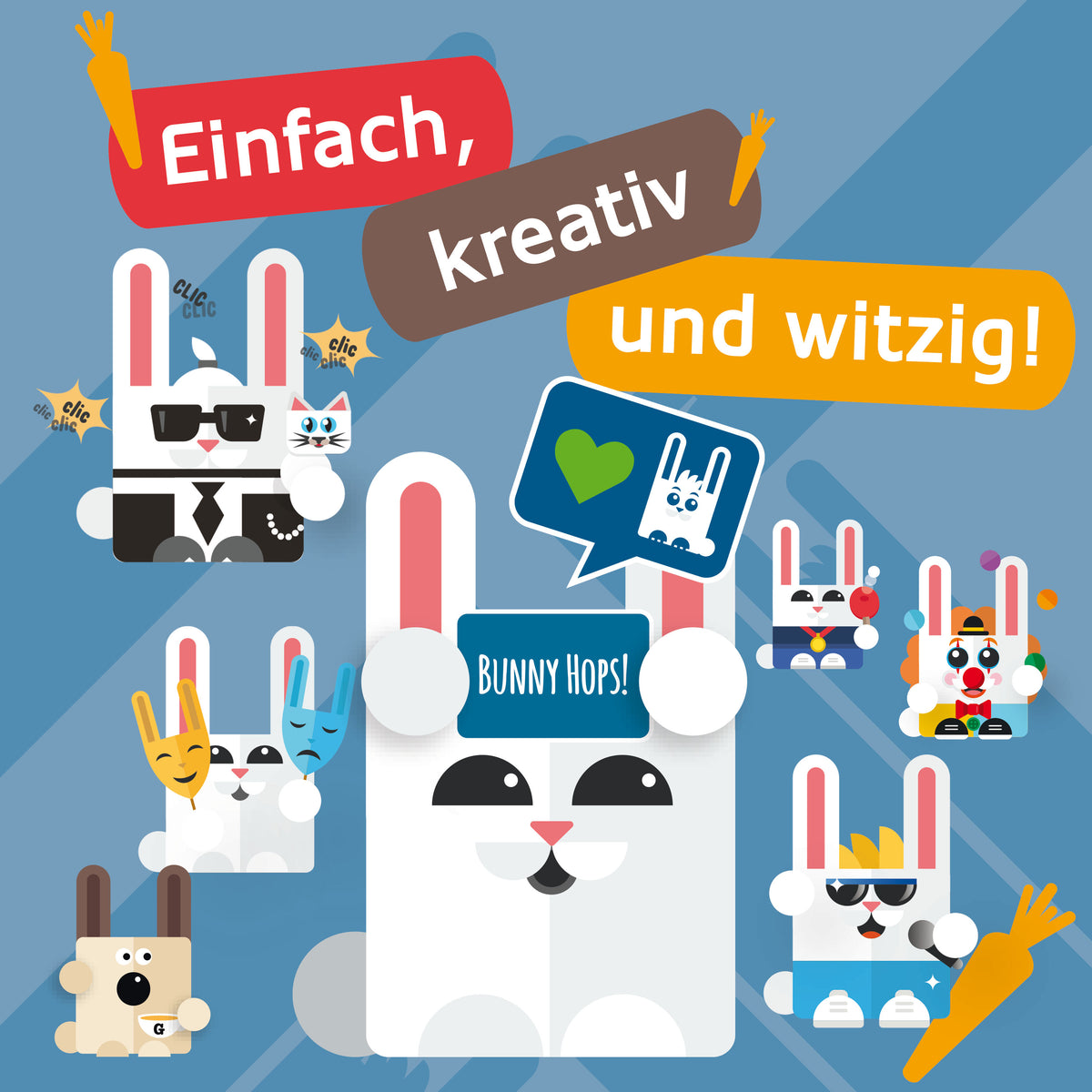 Hasen-Partyspiel-Set mit Kartenmotiven und Sprechblase „Einfach, kreativ und witzig!“
