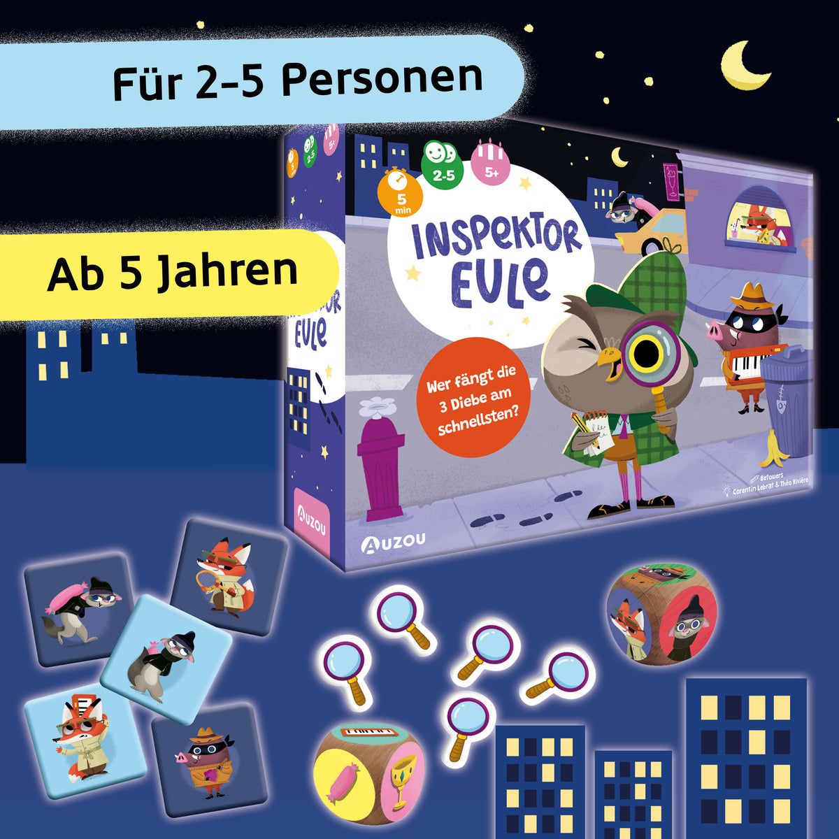 Brettspiel „Inspektor Eule“ mit Eule und Lupe auf der Spielbox