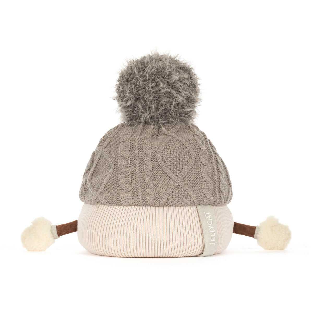 Kuscheltier-Mütze Pomilly in Rückansicht mit Bommel, grauem Zopfmuster und Ärmchen