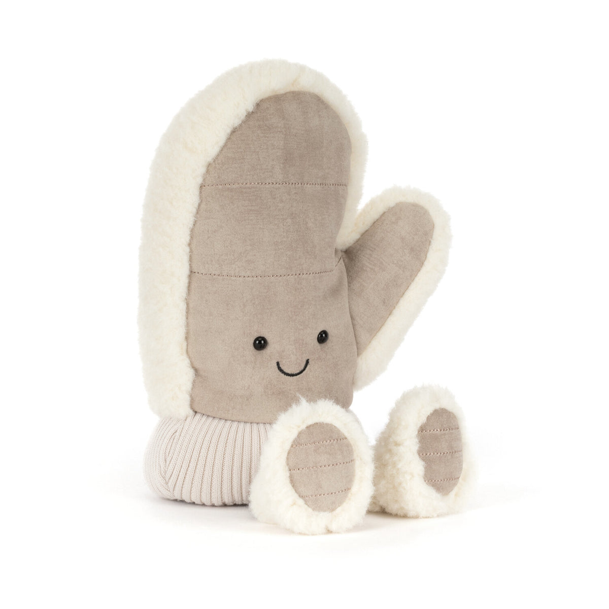 Kuscheltier-Handschuh mit grauem Plüsch, beigem Fellrand und zwei stehenden Sohlen