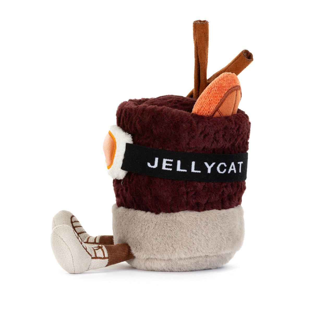 Kuscheltier-Getränk im Becherdesign mit JELLYCAT-Schriftzug, Strohhalm und orangefarbener Kappe
