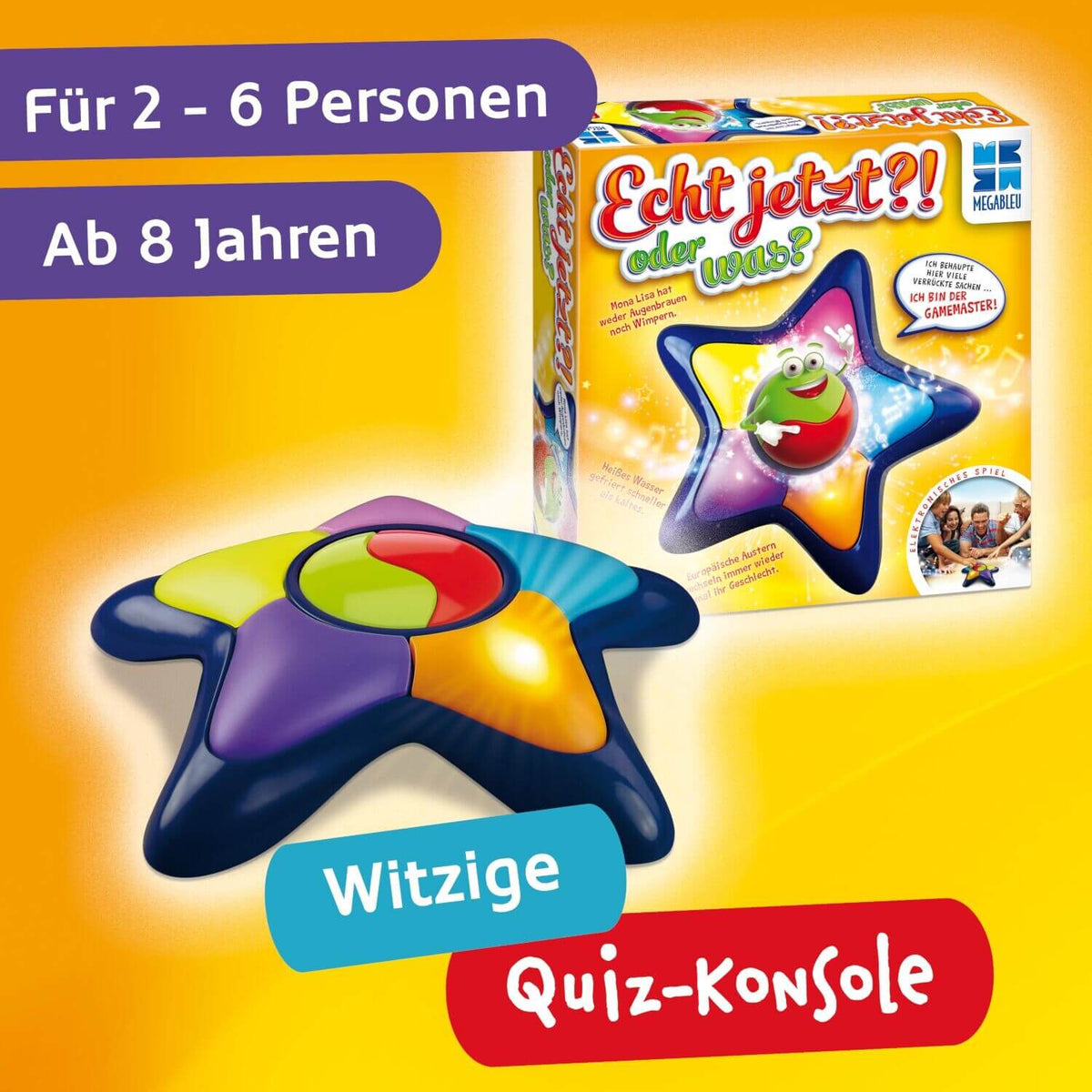 Brettspiel-Box mit gelber Sternform-Quiz-Konsole und Hinweis „Witzige Quiz-Konsole“