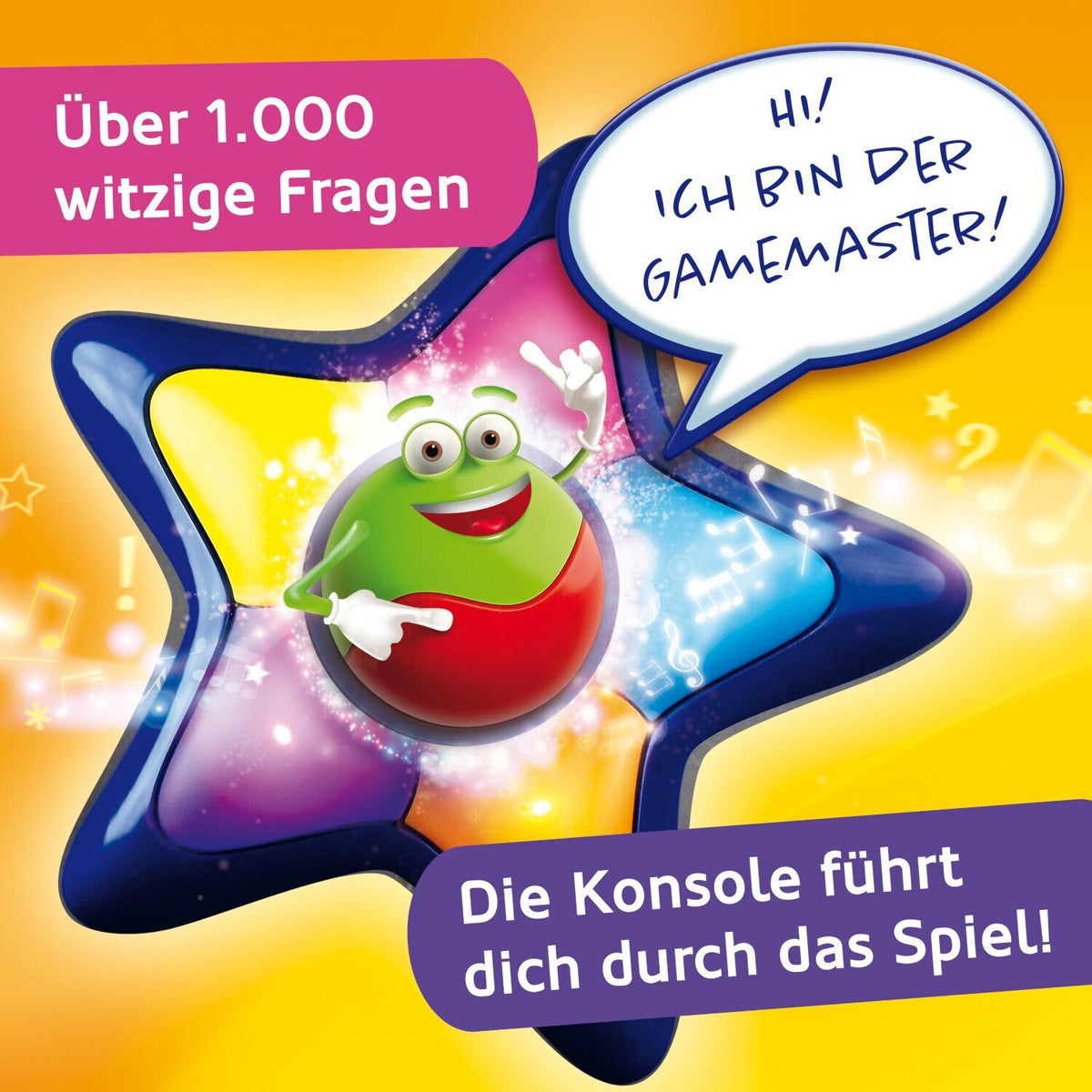 Quiz-Konsole in Sternform mit Sprechblase „Ich bin der GAMEMASTER!“