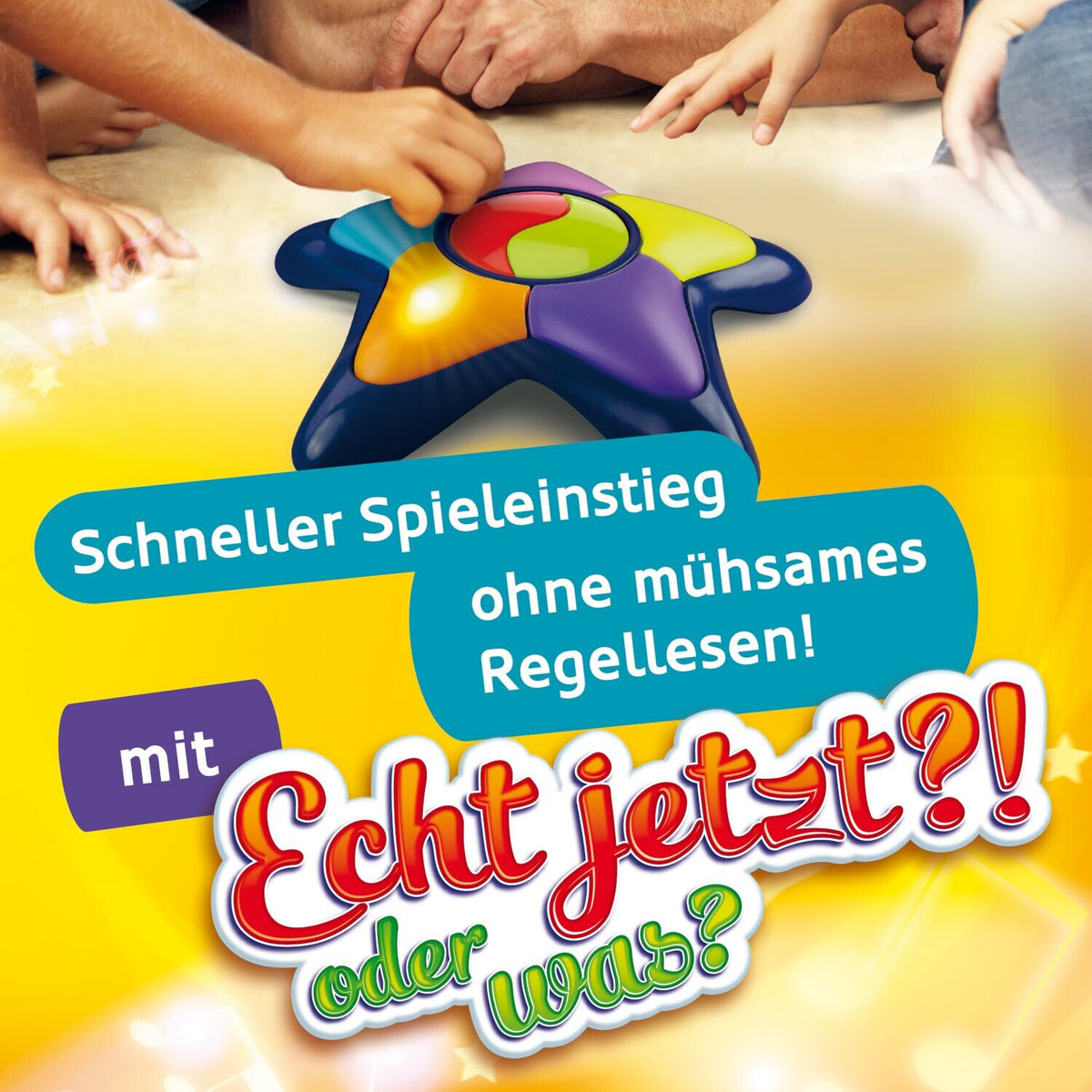 Quiz-Konsole auf Spielfläche mit Aufdruck „Schneller Spieleinstieg ohne mühsames Regellesen“