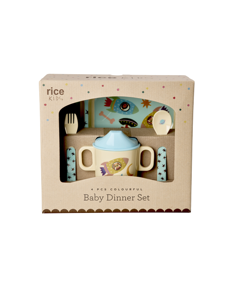 Melamin Baby-Geschirrset in Geschenkbox "Dogs in Space" - 25x11x22,5 cm  (Blau)