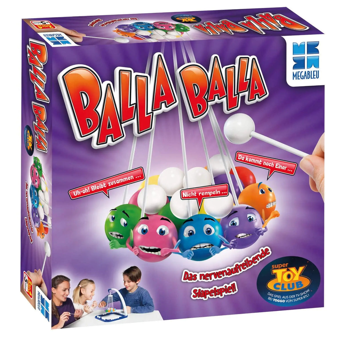 Balla Balla Gesellschaftsspiel-Set in lila Box mit bunten Figuren und Kugelbahn-Illustration