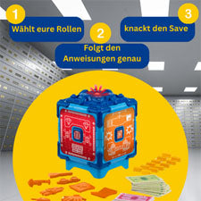 Blauer Spielwürfel mit Geldkarten und bunten Chips im Gelb-Design